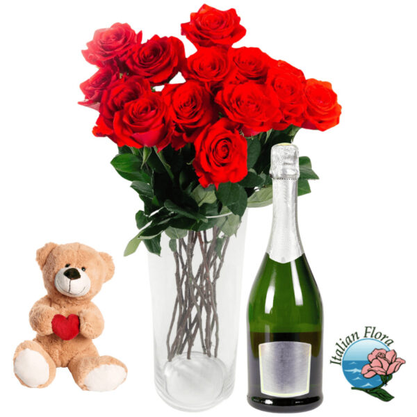 Bouquet di rose rosse con vino bianco e peluche