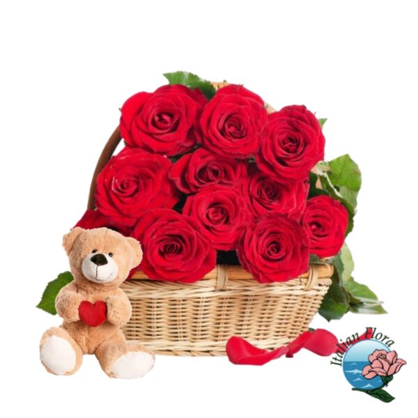 Cesto di rose rosse con peluche