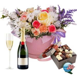 Flower box con cioccolatini e spumante