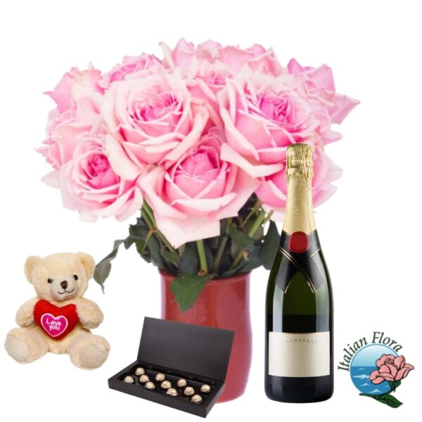 Bouquet di rose rosa con prosecco cioccolatini e peluche