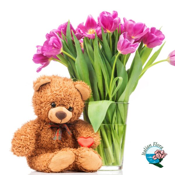 Mazzo di tulipani rosa con orso di peluche