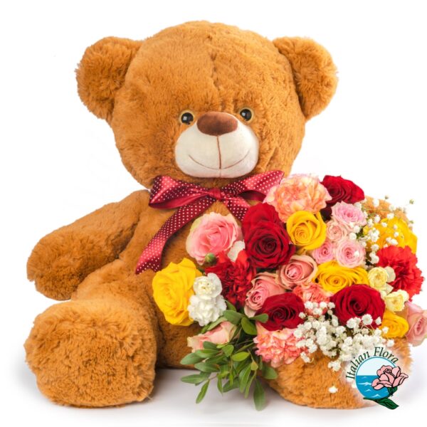 Bouquet di rose colorare con orso di peluche