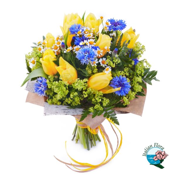 Bouquet con tulipani gialli e fiori blu