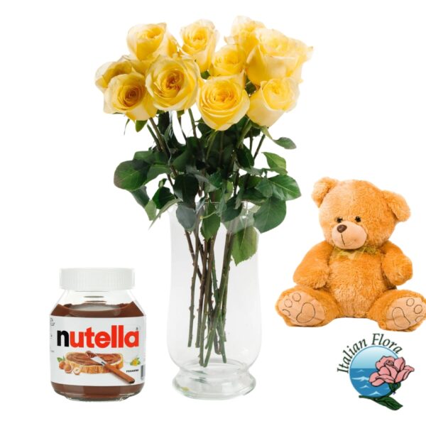 Mazzo di rose gialle con nutella e teddy