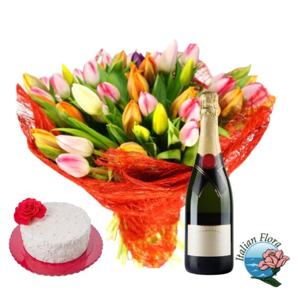 Bouquet di tulipani con torta e prosecco